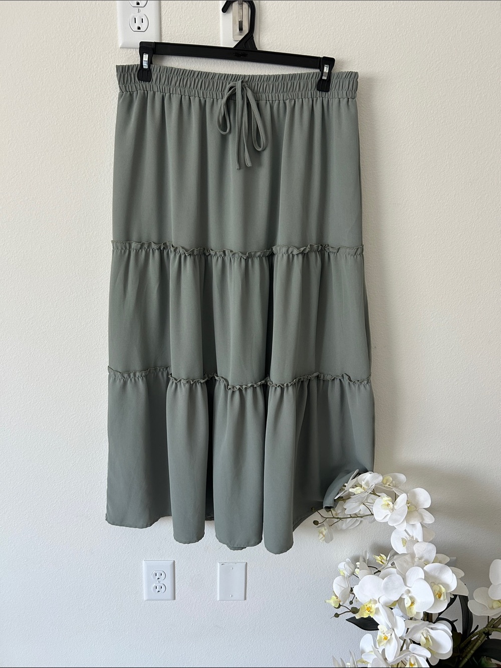 Tiered Maxi Skirt in Sage Green - Elastic Waist